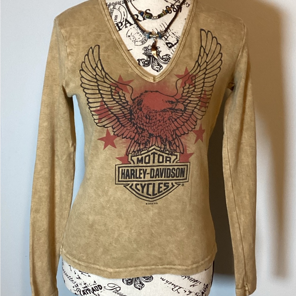 HARLEY DAVIDSON LADIES LONG SLEEVE TEE SZ. MED COTTON VINTAGE BRIDGEPORT CT